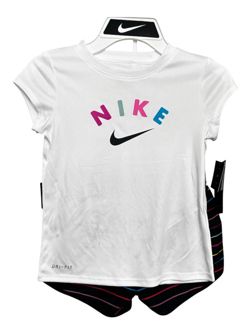 Nike DriFit Girls Graphic Shirt & Shorts 2PC Black Striped Size 6 NWT